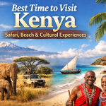 Best time to visit Kenya illustrated by wildlife safari in the savannah, pristine beach destinations, and authentic cultural experiences across Kenya.