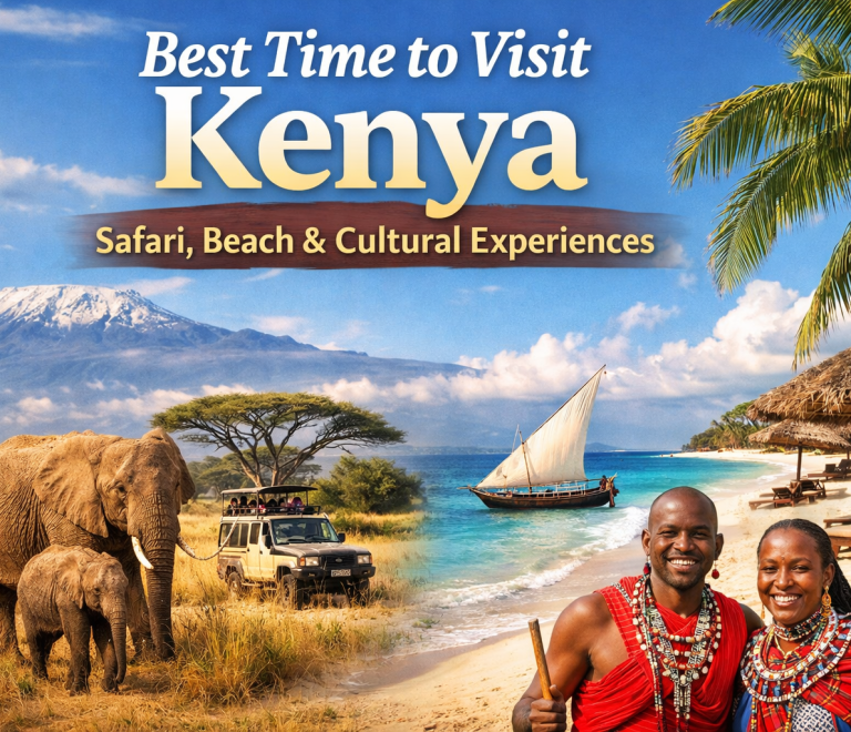 Best time to visit Kenya illustrated by wildlife safari in the savannah, pristine beach destinations, and authentic cultural experiences across Kenya.