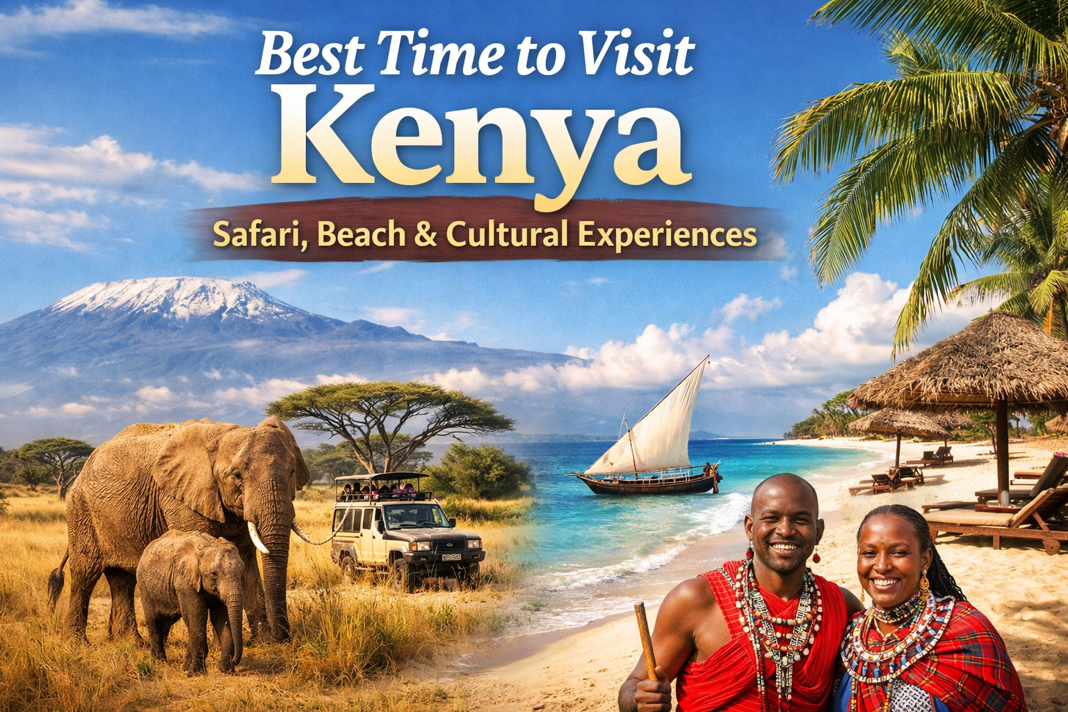 Best time to visit Kenya illustrated by wildlife safari in the savannah, pristine beach destinations, and authentic cultural experiences across Kenya.