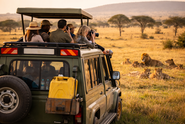 Group of travelers enjoying a game drive in the Maasai Mara on MDV’s Affordable Maasai Mara Easter safari packages, with lions resting in the distance.