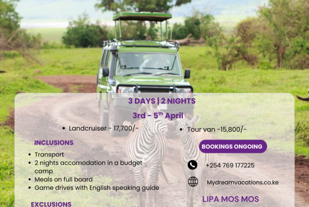 Promotional poster for MDV Safaris’ Affordable Maasai Mara Easter safari packages, featuring a group joining safari and wildlife adventure